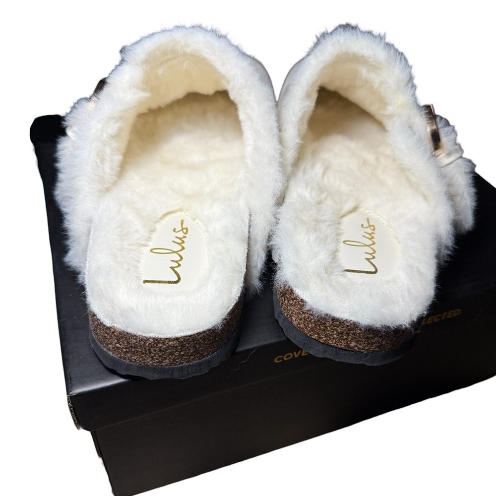 Lulus Carrina Bone Faux Fur Buckle Mule Slides White - Size 10 - Picture 7 of 11